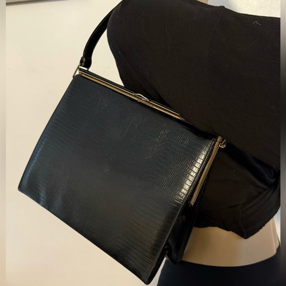 Vintage Black Leather Kelly Bag Reptile Embossed Structured Handbag - Picture 10 of 10